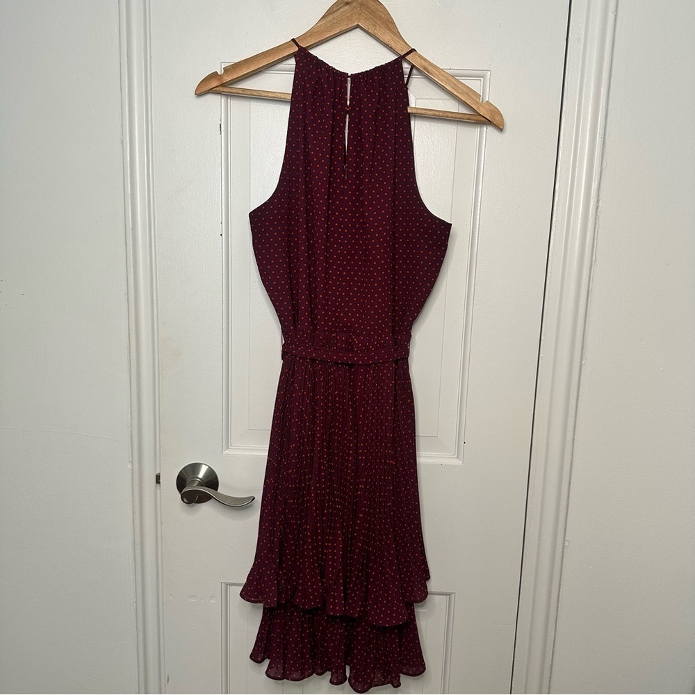Ann Taylor Maroon Pleated Tiered Midi Dress Halter Polka Dot Career Holiday 4 S - Picture 8 of 9